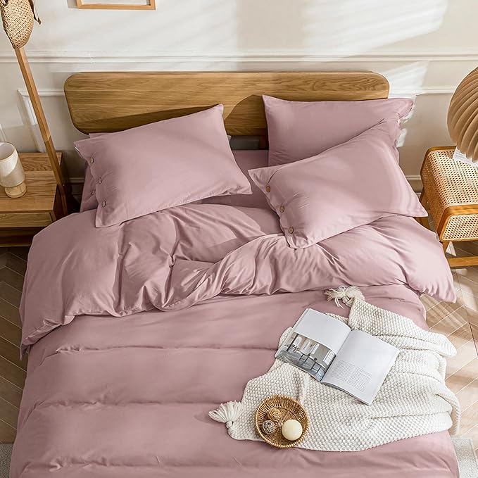 JELLYMONI Cotton Duvet Cover Cal King Size - Pink Comforter Cover with Button 100% Washed Cotton 3PCS Breathable Soft Solid Bedding Set Duvet Cover 104×98in & 2 Pillowcases (NO Comforter)