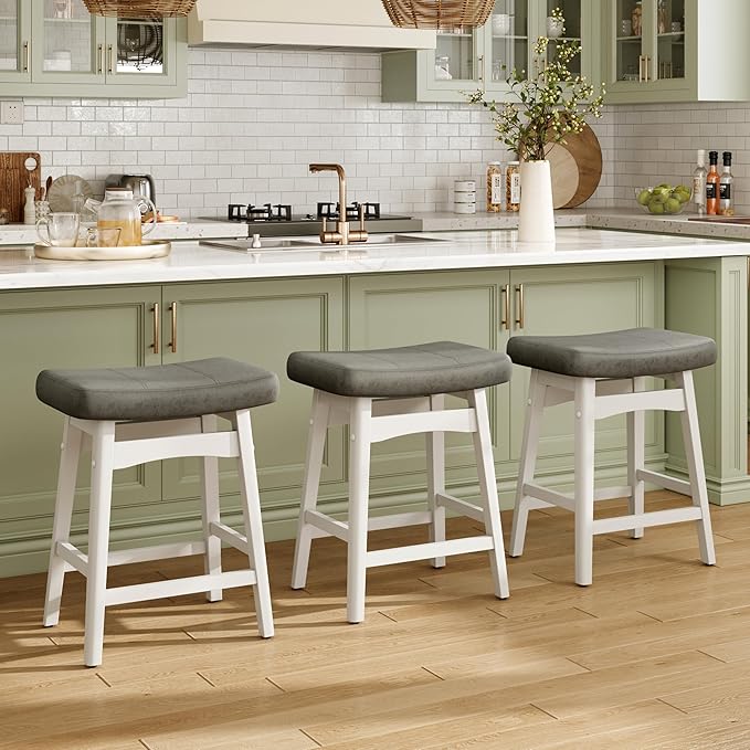 MAISON ARTS White Counter Height Bar Stools Set of 2 for Kitchen Counter Solid Wood Legs with Faux Leather Saddle Seat Farmhouse Barstools for 34"-38" Counter Island Upholstered Stools, 24in Height