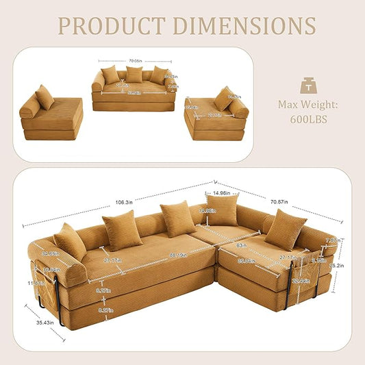 106" Oversized Convertible Sleeper Sofa Bed, Corduroy L Shape Sectional Couch, Folding Sofa Bed with Side Pocket, Modern Cloud Floor Mattress Couch, Modular Sofa for Living Room, Mustard Yellow