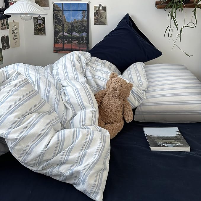 VM VOUGEMARKET Modern Duvet Cover Set King Size Demin Blue Stripes Duvet Cover with 2 Pillowcases 100% Washed Cotton Minimalist Bedding Set,104"x90"