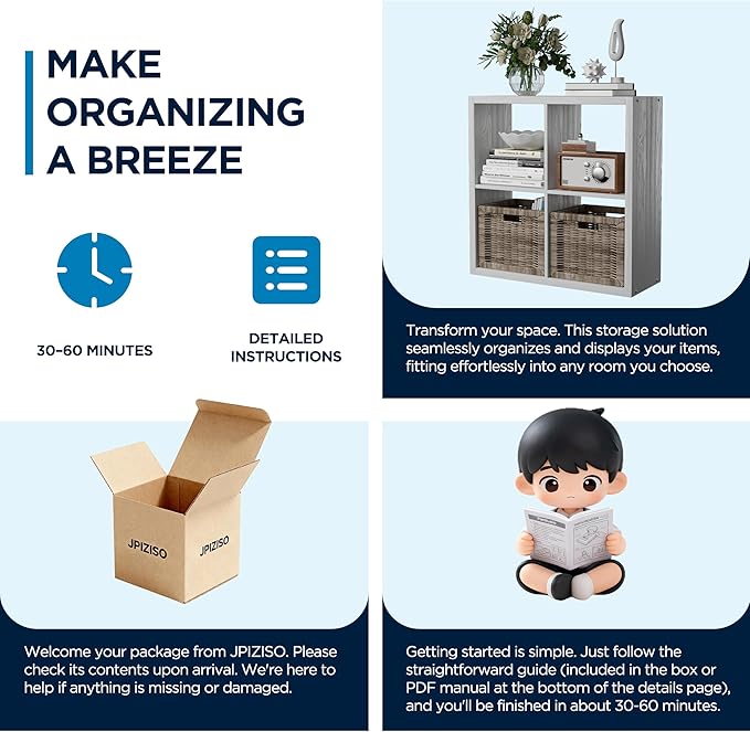 4 Cube Storage Organizer, 2x2 Cube Bookshelf, Cubby Storage Shelf, Wooden Organizer Shelf with Thickened Boards, for Closet Bedroom Home Office Living Room, 25.12" L x 9.37" W x 25.12" H, White