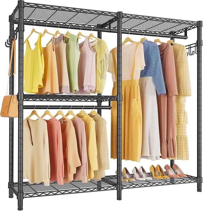 VIPEK V4 Heavy Duty Clothing Rack for Hanging Clothes 810lbs Load Capacity, Double Rod Garment Rack with Adjustable Shelves & Side Hooks, Metal Wardrobe Closet System Easy to Assemble, (Black)
