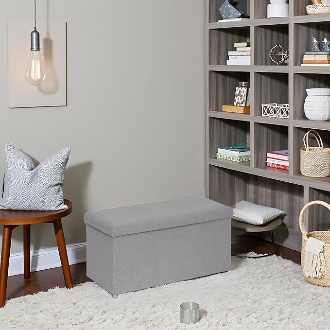 PINPLUS Folding Storage Ottoman Bench, Sherpa Ottoman with Storage, Large Long Shoes Bench Chest with Lid, Footrest for Living Room, Entryway, Grey 30'' x 15'' x 15''