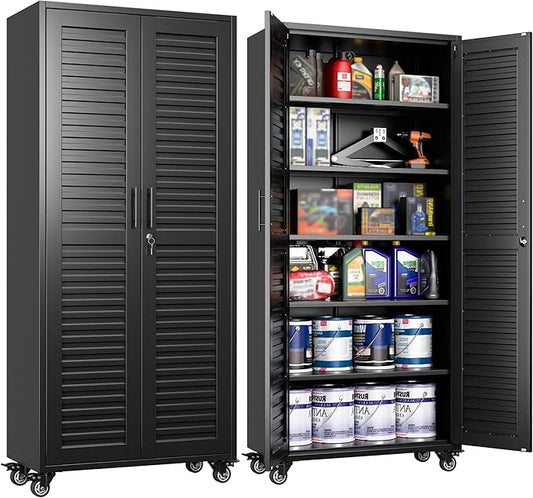 SUXXAN Garage Storage Cabinet with Wheels Pegboard and 5 Adjustable Shelves, 71"x 31.5"x15.8" Metal Lockable Cabinet with Louvered Doors, Tool Storage, Home Office Garage, Gym, School (Black)