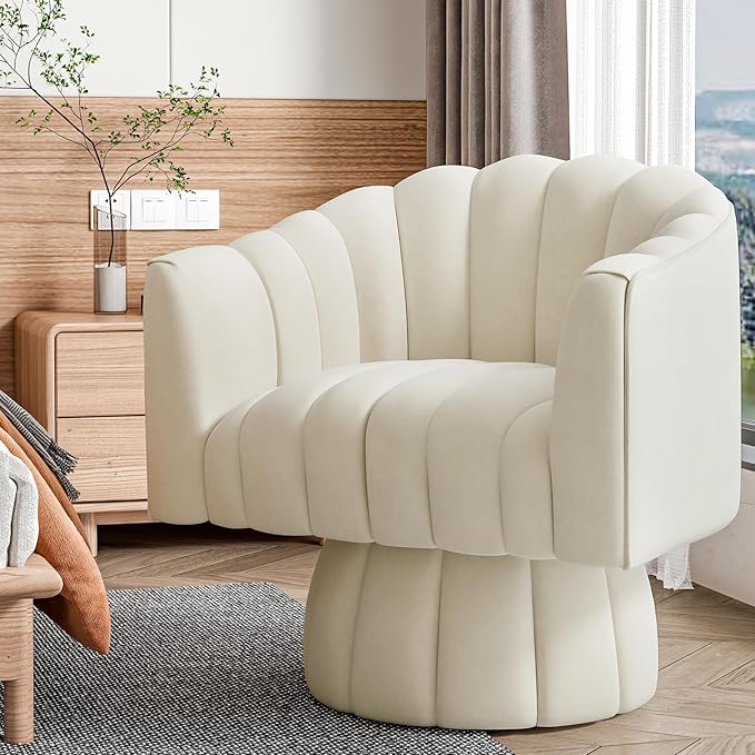 Accent Chair Mid Century 360 Degree Swivel Chair,Modern Lounge Sofa Round Barrel Chair with Wide Upholstered,Fluffy Velvet Fabric Chairs for Home Sofa Living Room/Bedroom/Waiting Room (Beige)