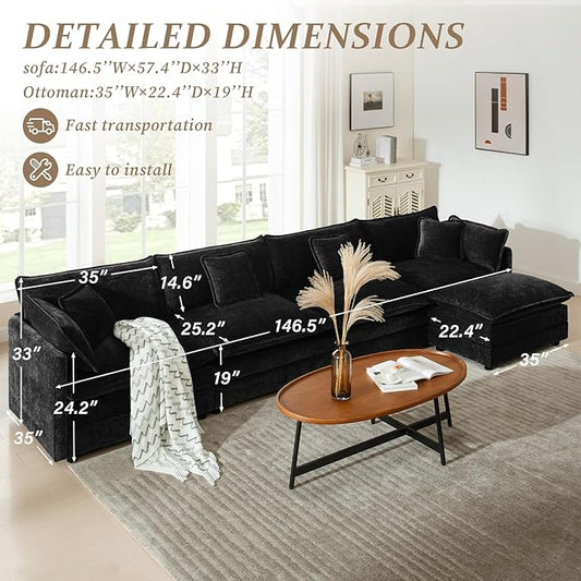 SoarFlash Chenille Sectional Sofa, Comfy L Shaped Modular Coush Sofa with Ottoman, Modern 4 Seat Couch Deep Seat Sofa Set for Living Room,Black
