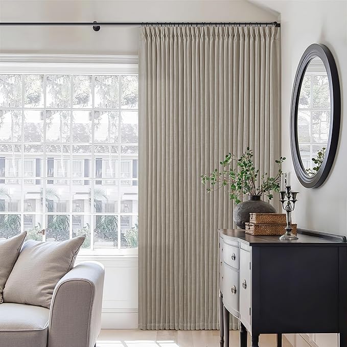 Pinch Pleat Linen Curtains 108 Inches Long 70 Inch Wide for Patio Sliding Door Light Filtering Semi Sheer Pleated Drapes Back Tab Burlywood Taupe Extra Wide 70 x 108 Curtain for Living Dining Room