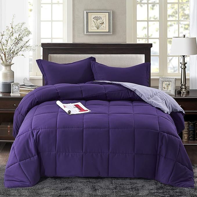 HIG 3pc Down Alternative Comforter Set - All Season Reversible Comforter with Two Shams - Quilted Duvet Insert with Corner Tabs - Box Stitched - Super Soft, Fluffy (King/Cal King, Purple)