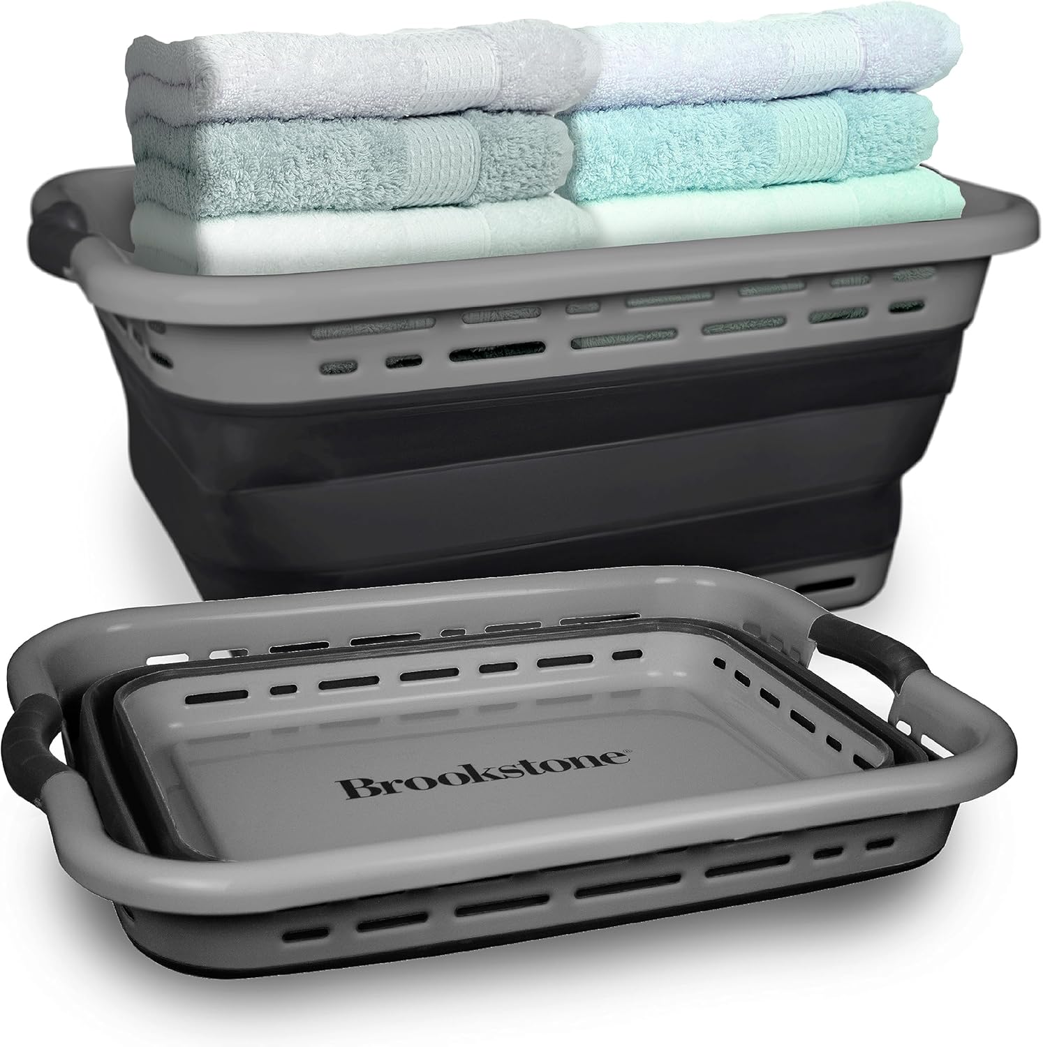 BROOKSTONE 11 GALLON XL 24" Collapsible Laundry Basket & Clothes Hamper, Comfort Non-Slip Handles, Modern Laundry Hamper with Space Saving Design, Portable Pop-Up Hamper, BPA FREE, Light Grey, 1 Pack Dormly