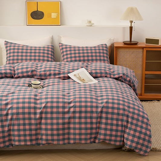 ECOCOTT Duvet Cover Queen Size, 100% Washed Cotton Linen-Like Soft & Breathable, Durable Comfy Bedding Set for All Seasons, Purple Pink Plaid