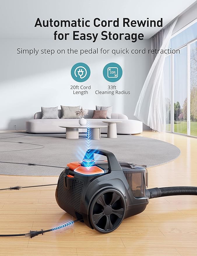 Aspiron Canister Vacuum, Upgraded 1600W Bagless Canister Vacuum Cleaner, Auto Cord Rewind, H13 HEPA Filter, 4Qt Large Capacity, 5 Tools for Hard Floors, Carpet, Pet, Upholstery, Tiles, Apricot