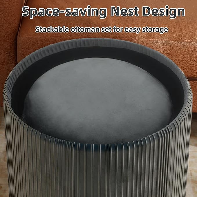 Twira Round Ottoman with Storage Set of 2, Velvet Nesting Ottoman for Living Room,Bedroom,Dorm,RV, Flip-up Lid Coffee Table, Upholstered Makeup Vanity Stool,Multifunctional Foot Rest 330lbs Load Grey
