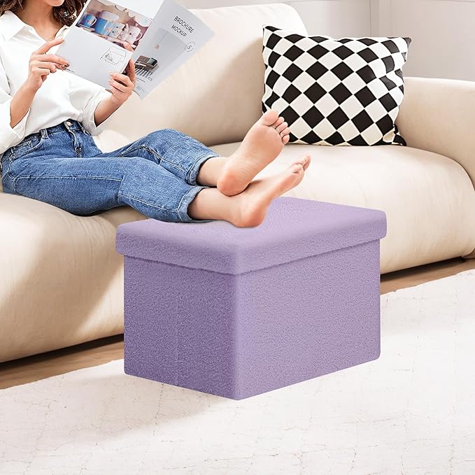 PINPLUS Storage Ottoman Cube Ottoman Foot Rest,Small Foldable Portable Boucle Upholstered Sherpa Ottomans, Faux Teddy Fur, Purple 16.5"x12.6"x12.6"