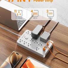 Surge Protector Power Strip - 11 Outlets(1850W/15A) with 6 USB Ports(2 USB C), 10FT Flat Plug Extension Cord, Wall Mount, White, ETL Listed for Home, Dorm Room