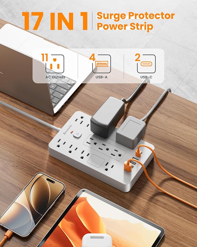 Surge Protector Power Strip - 11 Outlets(1850W/15A) with 6 USB Ports(2 USB C), 10FT Flat Plug Extension Cord, Wall Mount, White, ETL Listed for Home, Dorm Room