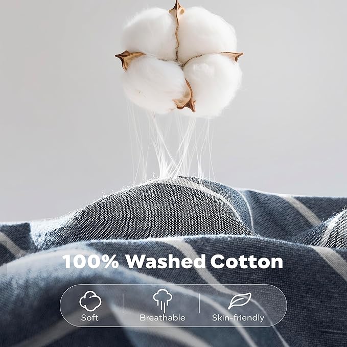 JELLYMONI Washed Cotton Duvet Cover Queen Size – Breathable & Cozy Bedding Set for Modern Homes, Dorms & Guest Rooms, Blue Striped Comforter Cover with Button Closure, 1 Duvet Cover & 2 Pillowcases