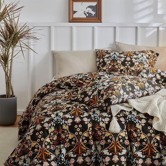 MKXI Shabby Chic Floral Black Comforter Set Nature-Inspired Bedding Comforters Cottage Style Botanical Bed Comforter Set Bohemian Twin XL Comforter Set Black Floral