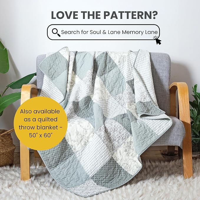 Soul & Lane Memory Lane 3-Piece Cotton Quilt Set - Queen Size with 2 Shams, Sage Green Patchwork Quilted Comforter, Lightweight Country Pieced Bedspread, Neutral Modern Farmhouse Bedding