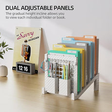 File Organizer for Desk with Storage Box & Hook, Inclined Desk File Organizer with 5-Section Vertical File Holder suitable for Home Office Document Organization (Ice Crystal