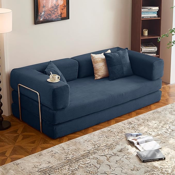 78.8" Convertible Sofa Bed -Compression Sofa with Corduroy Fabric - with Armrests and Backrest - Modular Sectional for Living Room, Bedroom, Studio - Compression Sofa in Box (Dark Blue)