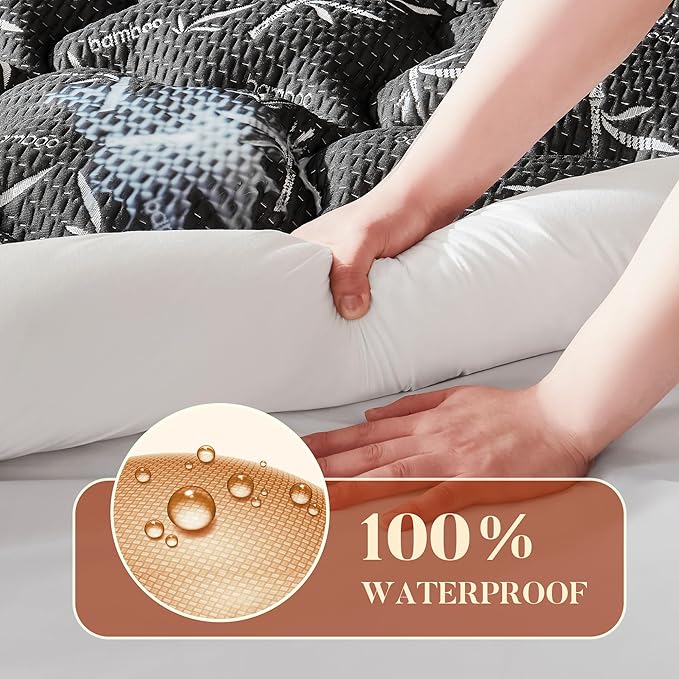 100% Waterproof Queen Size Mattress Topper, Thick Pillow Top Mattress Pad，Up to 24 Inch Deep Pocket,Soft Breathable Mattress Pad for Back Pain, Protector Cover(Black)