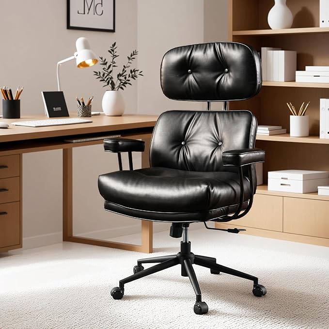 ovios Ergonomic Office Chair, High Back Faux Leather Executive Chairs with Thick Cushion, Comfy High-Century Modern Swivel Rolling Computer Armchair (Black, PU Leather)