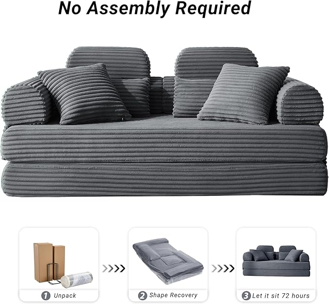 Convertible Sofa Bed with Fixed Frame, Corduroy Futon Boneless Couch with Pillow Headrest, No-Assembly Floor Sofa 79" Extra-Wide Sleeper for Living Room, Bedroom, Lounge, Studio (Dark Gray)