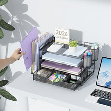 gianotter Desk Organizers and Accessories with File Holder, 4-Tier Desk Accessories & Workspace Organizers with Drawer and 2 Pen Holder, Paper Organizer for Office Supplies (Black)
