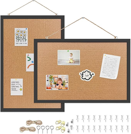 Cork Bulletin Board, 13''x18''-2pack Hanging Cork Board Wooden Framed with Pins for Wall, Dorm Room, Office, Home Decor – Natural Cork & Black Frame