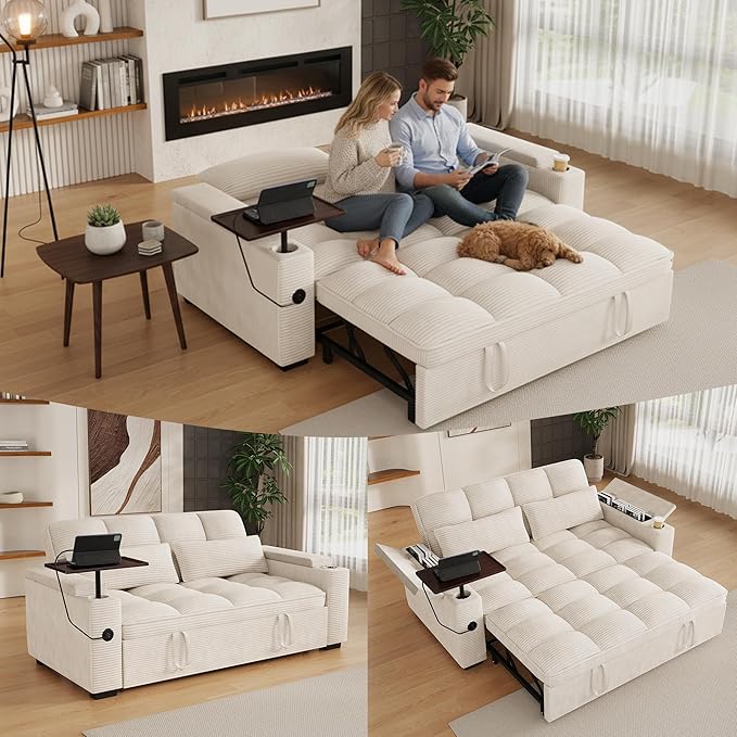 65" Sofa Bed, Loveseat 3-in-1 Sleeper Sofa with Pull Out Bed, 360° Swivel Side Table and USB, 2 Seater Convertible Small Couch for Living Room Apartment (Beige, Corduroy)