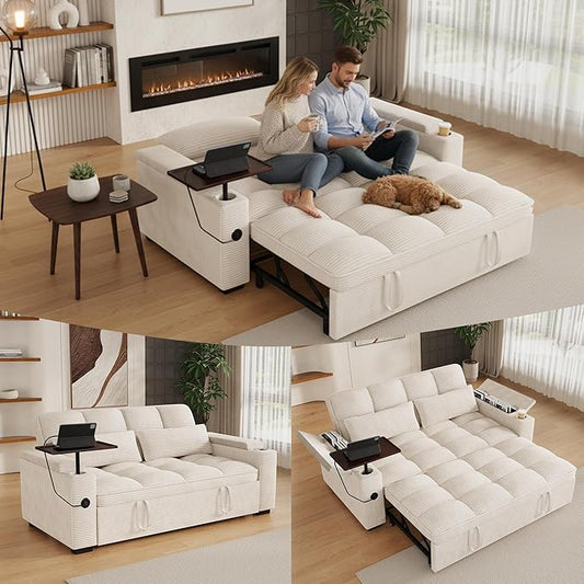 65" Sofa Bed, Loveseat 3-in-1 Sleeper Sofa with Pull Out Bed, 360° Swivel Side Table and USB, 2 Seater Convertible Small Couch for Living Room Apartment (Beige, Corduroy)