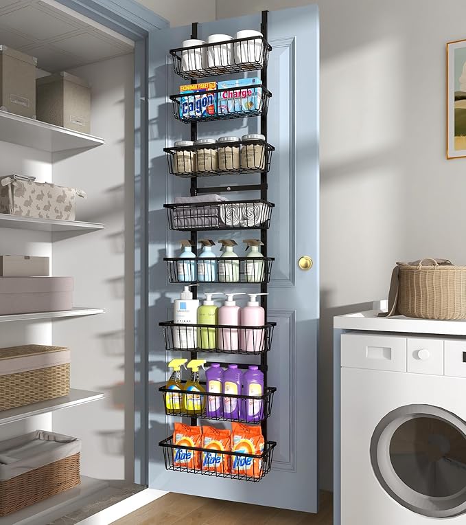 12 Inch Wide Narrow Over The Door Pantry Organizer, Pantry Organization and Storage, Black 8-Tier Metal Hanging Deep Basket Wall Spice Rack Seasoning Shelves, Home & Kitchen Essentials