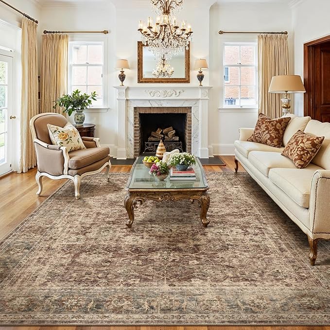 9x12 Rust Vintage Area Rug for Living Room Bedroom Distressed Rustic Large Carpet Non-Slip Low Pile Lightweight Vacuumable Soft Washable Throw Rug for Indoor Dining Room