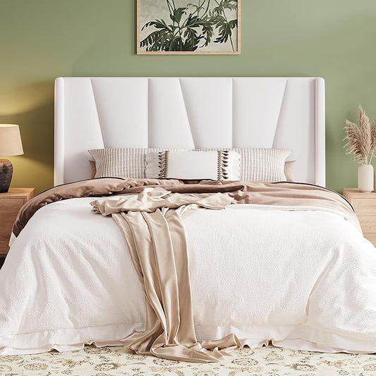 Allewie Queen Size Platform Velvet Bed Frame with Geometric Wingback Headboard, Boho Upholstered Bed with Wooden Slats Support, No Box Spring Needed, Easy Assembly, White