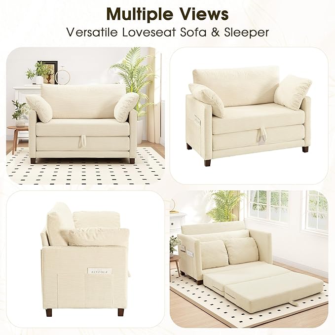 51" Convertible Loveseat Sofa Bed, 2-in-1 Folding Sofa Bed with 2 Pillow for Small Spaces, Modern Loveseat Sleeper Couch for Apartment, Living Room & Guest Room (Corduroy Beige, 51 inch)