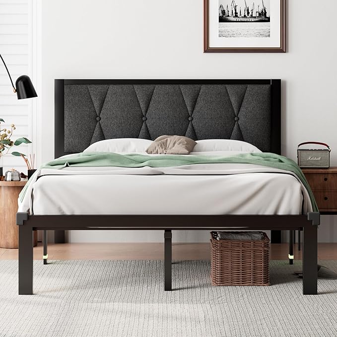 iPormis Full Size Metal Bed Frame, Linen Button Tufted Headboard Platform Bed, Heavy Duty Slats Support, 12" Under Bed Storage, No Box Spring Needed, Easy Assembly, Dark Gray