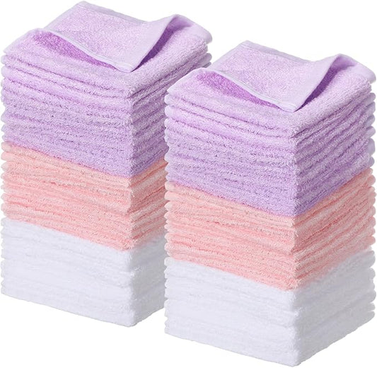 Newwiee 40 Pcs Wash Cloth Bulk Cotton Bath Hand Face Washcloths Soft Quick Drying Towel for Women Bathroom Washing Body Viscose Fiber Multipurpose Fingertip Rags (10 x 10 Inch,White, Purple, Pink)