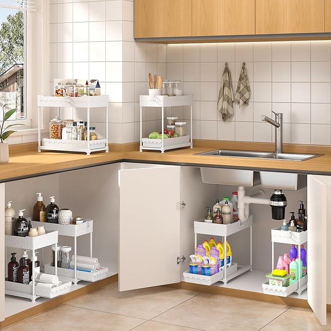 3 Pack Under Sink Organizers, 2-Tier Multi-Use Kitchen and Bathroom Organizers and Storage with Sliding Drawers，Bathroom Cabinet Organizer (White, 14.8 Inch)