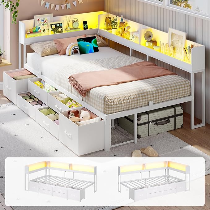VIAGDO Corner Bed Frame with Storage Bookcase and 6 Drawers, Twin Metal Platform Corner Bed Frame with LED Lights and Charging Station, Twin Daybed for Kids Teenagers, White