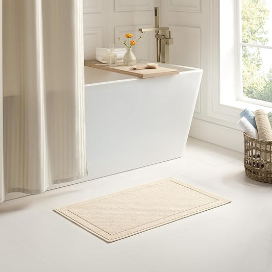 Arkwright 100% Cotton Bathroom Rug - High Absorbent Stylish Textured Woven Design Bath Mat, Slip Resistant Backing for Shower and Bathtub Floor, 24x36 in - Beige