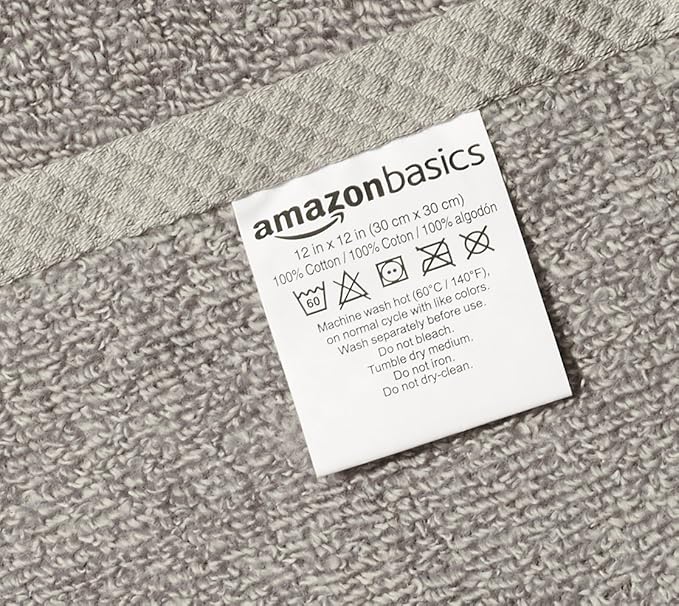Amazon basics cotton washcloths, Lightweight quick-dry, 12" x 12", 12-pack, platinum