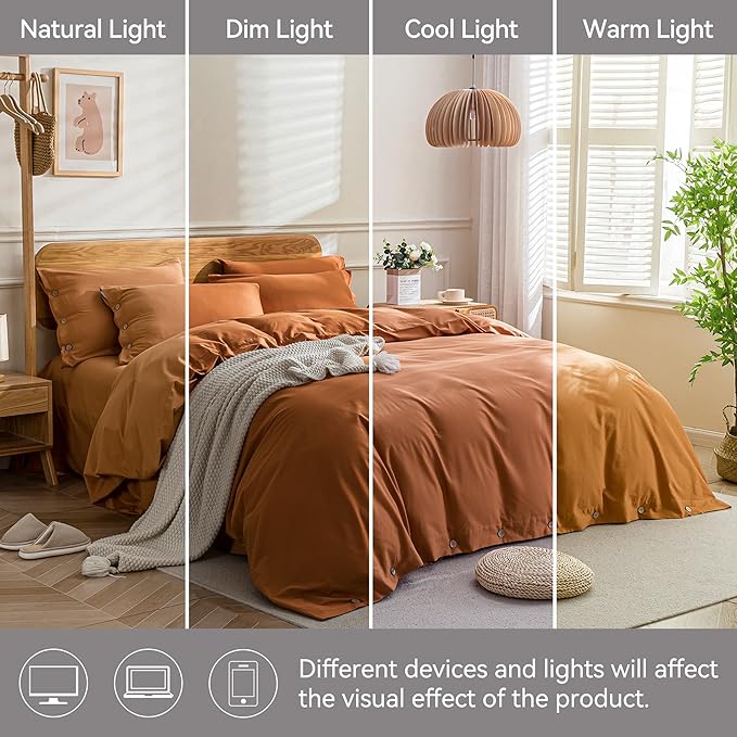 JELLYMONI Cotton Duvet Cover Queen Size - Burnt Orange Comforter Cover with Button 100% Washed Cotton 3PCS Breathable Soft Solid Bedding Set Duvet Cover 90×90in & 2 Pillowcases (NO Comforter)