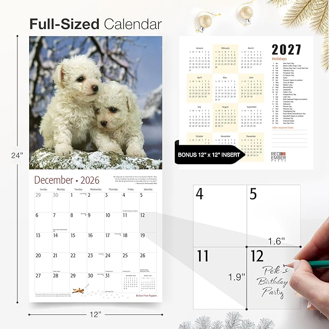 RED EMBER Bichon Frise Puppies 2026 Wall Calendar 12 Month | 12" x 24" Open | Thick & Sturdy Paper | Holiday Gift | Cute Puppy Dog Calendar 2026