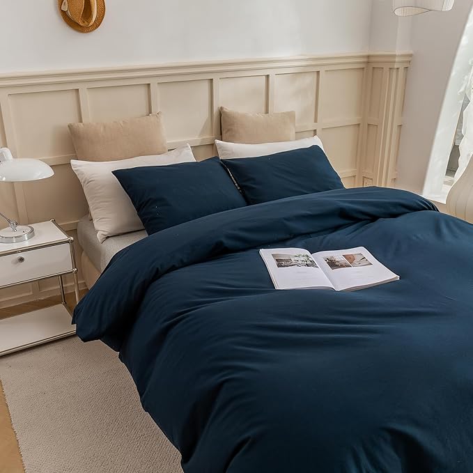 ECOCOTT Navy Blue Duvet Cover Oversized King Size - 100% Washed Cotton Durable Soft Comfy Bedding Set, 3 Pieces Duvet Cover with Zipper Closure (Navy Blue, 120"x 98")