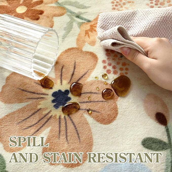 Lahome Floral Washable Round Area Rug, Soft Round Rugs 6ft Ultra-Thin Non-Slip, Boho Large Circle Carpet for Bedroom Living Room Kitchen Nursery, Beige