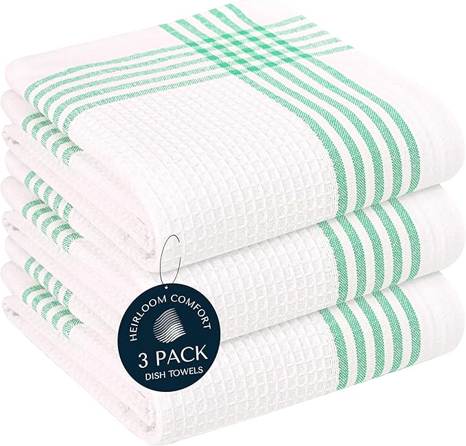 Dark Green Waffle Weave Kitchen Towels 3 Pack, 100% Cotton, 16x26 Inch, Ultra Absorbent, Quick Dry Dishcloths, Durable & Reusable Dish Towels for Home and Kitchen, Machine Washable