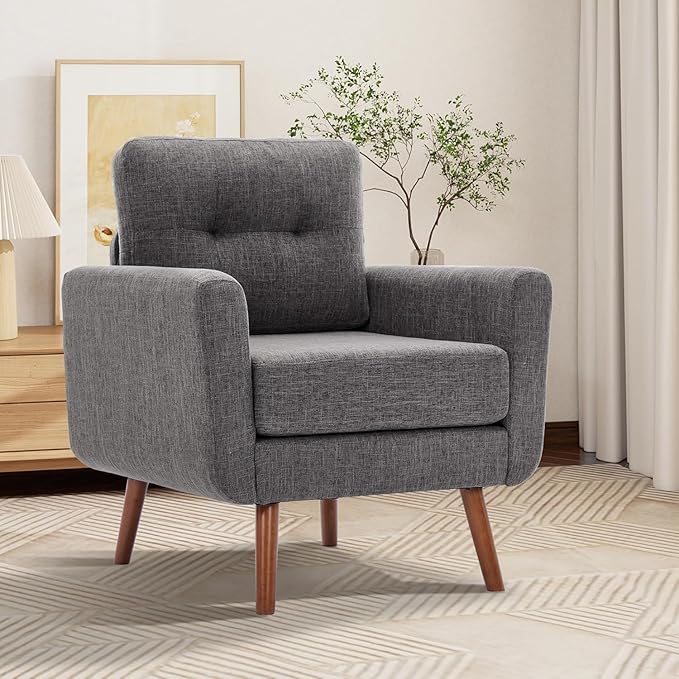 Tbfit Accent Chair, Reading Chair for Living Room & Bedroom, Mid Century Modern Arm Chair, Button Tufted Upholstered Accent Chairs Sofa with Solid Wood Frame, Grey