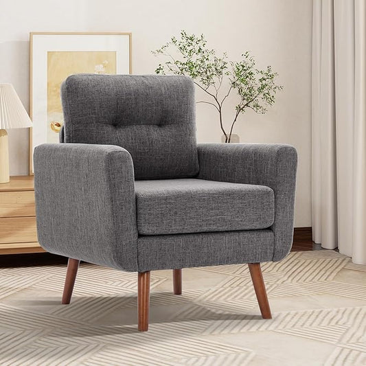 Tbfit Accent Chair, Reading Chair for Living Room & Bedroom, Mid Century Modern Arm Chair, Button Tufted Upholstered Accent Chairs Sofa with Solid Wood Frame, Grey