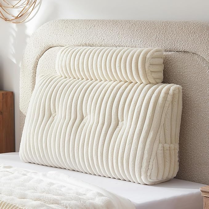 Headboard Pillow + A Long Neck Roll Pillow Body Pillow，Faux Fur Headboard Wedge Pillow with Removable Cover (Beige, Twin：39x8x20 inches)