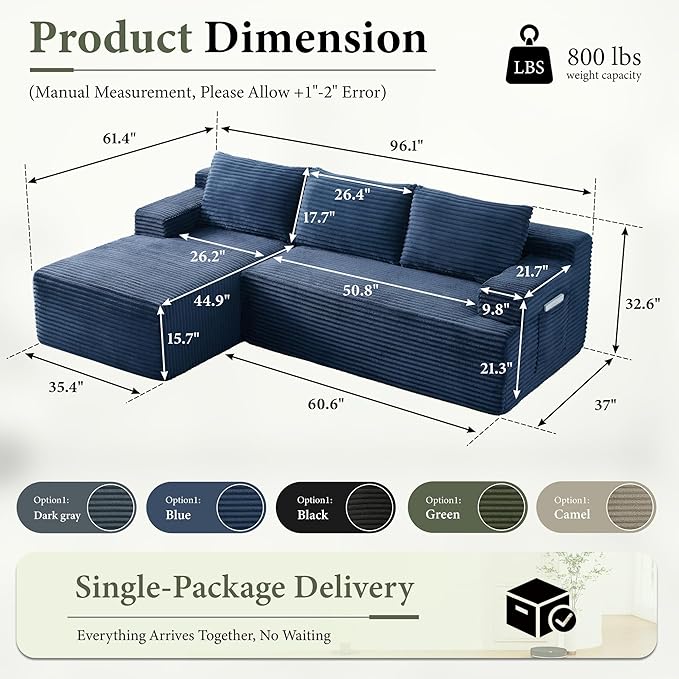96''Sectional Couches for Living Room,Modern Modular Sectional Sofa,Upholstered Boneless Couch with Pockets,Comfy Cloud Couch with L Shaped Chaise (Blue, 96''W Left Facing Chaise)